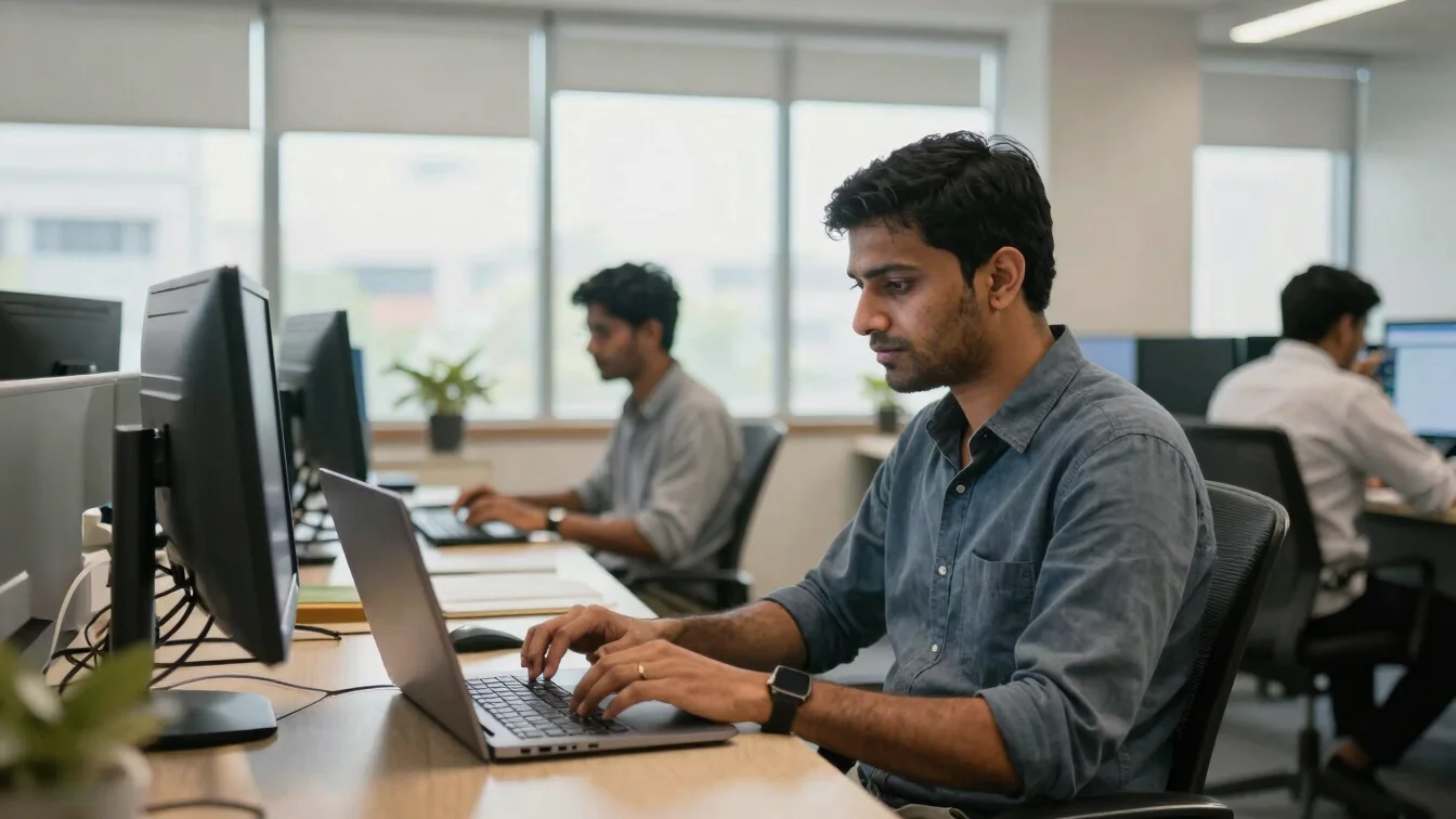 Documentary photograph of an Indian software professional working at a desk with a laptop in a modern office, natural da