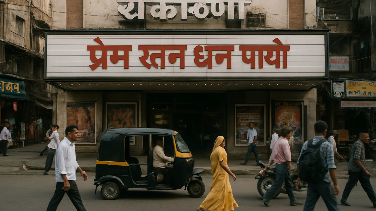 Documentary photograph of a cinema marquee in an Indian city street during daytime, natural light, 35mm lens, candid fra
