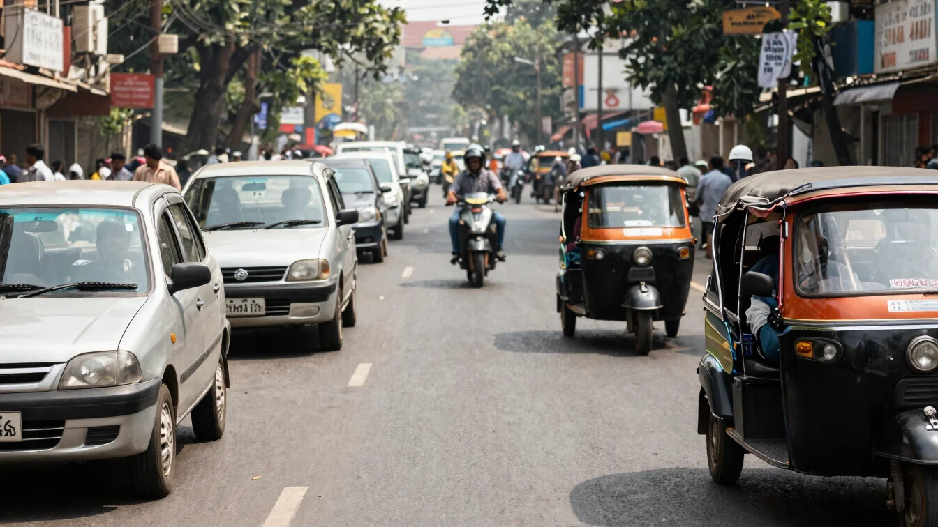Documentary photograph of a busy Indian city road with cars and two-wheelers in daylight, candid framing, 35mm lens